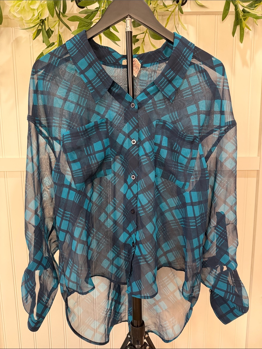 #873 FREE PEOPLE Teal and Navy Plaid Sheer Button-Up Blouse